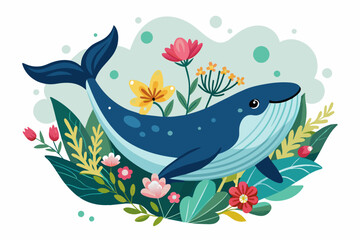 Canvas Print - Whale animal charming with flowers on a white background.