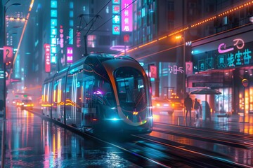 Wall Mural - futuristic urban transportation sleek tram and metro in neonlit cyberpunk city digital illustration