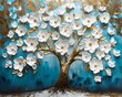 tree white flowers blue background marble gold accents glittering metal paint magnolias placed living room auto brawn