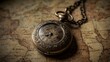 A vintage pocket watch, intricately designed with floral engravings and a delicate chain, lying atop an old, weathered map Generative AI
