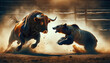 bull and a bear facing off in a fierce battle amidst a dusty arena. The bull, powerful with prominent horns,