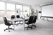 © Pixel-Shot - Interior of light conference hall with table, laptop, screen board and armchairs