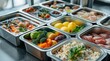© kardaska - Several stainless steel boxes filled with various types of frozen dishes, fruits, vegetables, meat, fish, eggs.