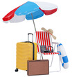 Summer holiday with Luggage, beach chairs, umbrella, passport, camera and beach accessories. Summer vacation concept for travel agency advertise sale or represent. 3d rendering