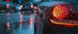 Fototapeta Sport - An up-close view of a single car's rear light during a wet and rainy weather condition