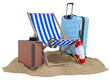Summer holiday with Luggage, beach chairs, umbrella, camera and beach accessories. Summer vacation concept for travel agency advertise sale or represent. 3d rendering