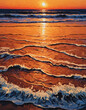 Waves at sunset. Painting.