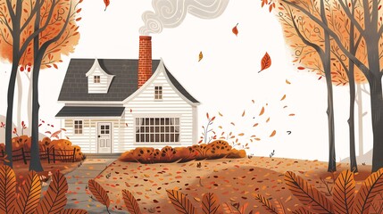 illustration house fall leaves falling chimney rhythm wind shattering expectations storybook layout color ghost young girl aging