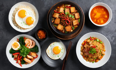 Wall Mural - Asian-inspired dining scene ,Set it on a dark wooden table in a restaurant, Include a plate of fried rice topped with a fried egg and slices of grilled meat