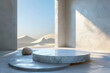 A round marble podium in the center of an endless desert, with sand dunes and sunset sky. Created with Ai