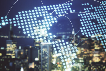 Wall Mural - abstract virtual world map with connections on blurry skyline background, international trading conc