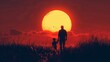 Silhouetted father and child against a giant setting sun, concept of family bonding and childhood memories
