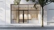 Blank mockup of a contemporary shop front with glass windows and a clean white facade. .