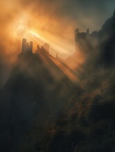 Sunlight Shining Clouds Castle Hill Fog Surrounds Yorkshire Opening Portal Land Ruins Last Light Mountain Top