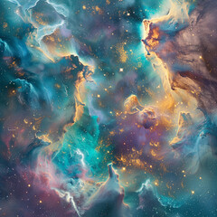 A colorful space scene with a blue and yellow star