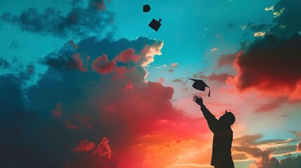 Canvas Print - Abstract cap toss silhouette against a vibrant sky, symbolizing freedom and accomplishment. 