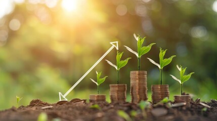 Poster - Growing money,finance and investment. Seedling are growing with business arrow of growth.Young plants on coin stacks increase.