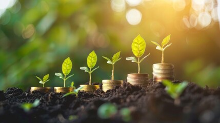 Poster - Growing money,finance and investment. Seedling are growing with business arrow of growth.Young plants on coin stacks increase.