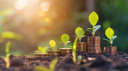 Poster - Growing money,finance and investment. Seedling are growing with business arrow of growth.Young plants on coin stacks increase.