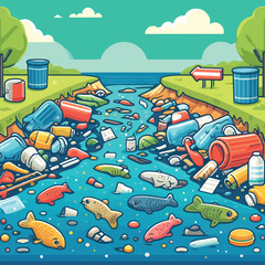 illustration of a river polluted with garbage leaves fish poisoned to death