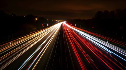 A long exposure photo of the lights on a highway at night, creating streaks and patterns in red, white, and yellow lights, with a dark background, showcasing motion and speed.  