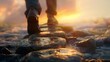 Close-up of a man's legs on a mysterious stone path under bright light. Man steps towards success on an uncertain path in conceptual theme.