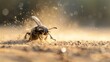 Macro image of a dung beetle rolling its prize