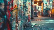 A hazy glimpse into a bustling artist community with layers of graffiti and paint splatters on the walls exemplifying the vibrant energy of industrial art. .