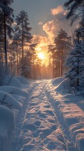 Snowy Path Woods Sun Setting Behind Trees Siberia Amazing Inspiring Mountains Madness Gorgeous Romantic Sunset Lens Flare Snow Perfect Eaves Blossoming Heaven Fluffy Clouds Driveway Northern