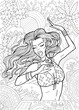 Coloring page with young beautiful woman singing with feelings on party against tropical nature with palms and sea waves. Summer background, music and singing concept, line art. 