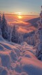 snowy trees covered snow sunset background range mountains rise above clouds walkways sunlight breaking reduced visibility white foam high breath condensation