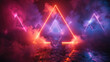 3d rendering of colorful neon light in the shape of triangles arranged to form an isosceles triangle, floating above dark background with smoke and fog. Created with Ai