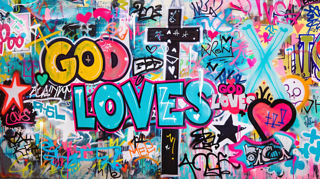 Spray painted graffiti wall positive quote GOD Loves graf paint artist tag rainbow colorful cross heart star city street art mural forgives faith jesus christ religion church word background painting 