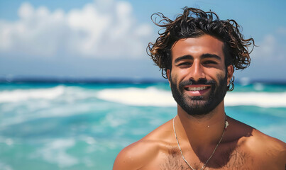 Wall Mural - handsome sixpack shirtless man enjoying summer time in beach