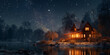 A cozy cabin by a tranquil lake shines warmly under a star-studded night sky, surrounded by a peaceful wintry landscape.