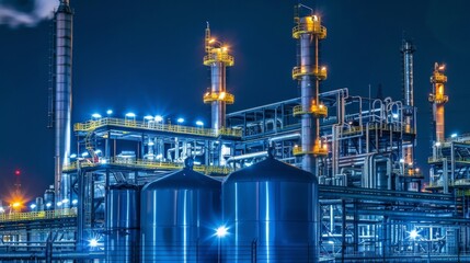 A modern gasification and syngas conversion plant at night lit up with bright lights and showing the intricate network of pipes and tanks used in the production of liquid biofuels. .