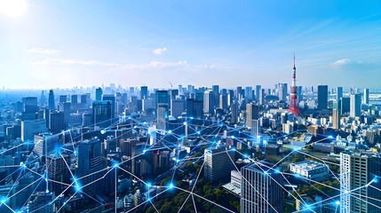Wall Mural - smart city with digital connections and urban development, symbolizing the integration of technology