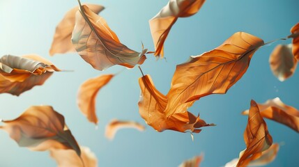 Wall Mural - Dynamic abstract leaf shapes floating against a crisp, clear sky background, representing fall's gentle descent.