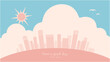 Cute pale gentle colors cityscape background image. Vector illustration of city landscape with sunny sky.