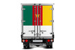 A truck with the national flag of  Cameroon depicted on the tailgate drives against a white background. Concept of export-import, transportation, national delivery of goods