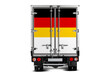 A truck with the national flag of  Germany depicted on the tailgate drives against a white background. Concept of export-import, transportation, national deliver y of goods