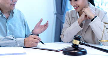 Poster - Lawyer and client are listening and giving advice about a legal case