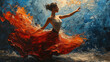 Contemporary Oil Painting of A Pretty Women Ballerina Ballerina Dancer in Orange Ballet Dress With Blue and Yellow Brush Strokes