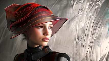 Wall Mural - Female model wearing a futuristic abstract designer hat made of red and black fabric against a gray background