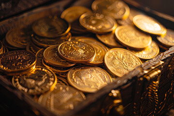 A large number of gold coins are piled in a wooden box