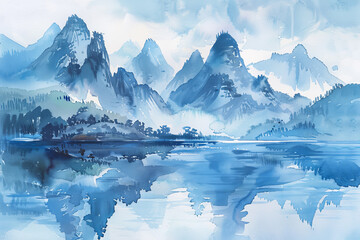 Wall Mural - A painting of mountains and a lake with a boat in the water