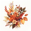 A watercolor bouquet of autumn leaves and flowers capturing the essence of fall with oranges