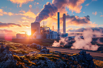 A geothermal power plant in the soft, warm light of the setting sun, symbolizing the harnessing of the earth's natural heat for energy