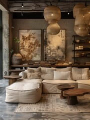 Wall Mural - Modern Living Room with Asian-Inspired Decor and Unique Lighting