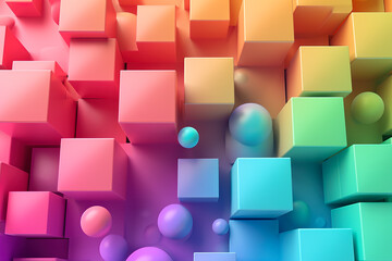 Wall Mural - geometric abstraction with a rainbow color scheme. The shapes are cubes and spheres